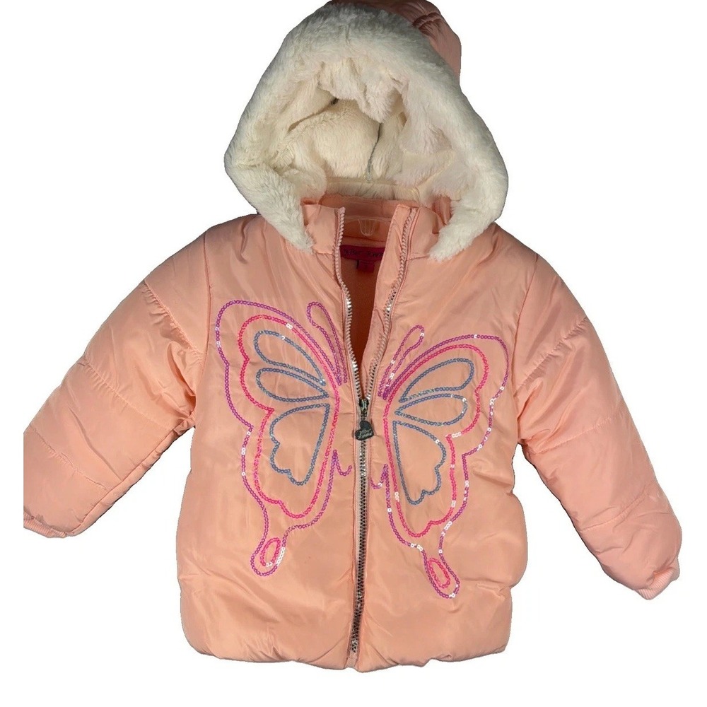 Girls,Sz.5 Pink Puffer Jacket,Betsey Johnson,Butterfly Sequin Faux Fur Hood